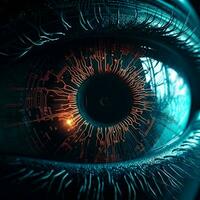 3d Renderização do cyber olho com brilhando íris. visão conceito foto