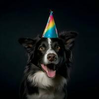 engraçado retrato do fronteira collie cachorro vestindo aniversário chapéu em Preto fundo foto