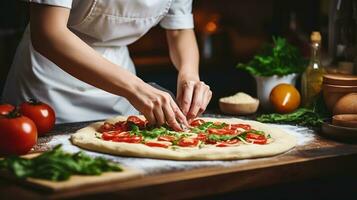 mulher é cozinhando italiano pizza foto