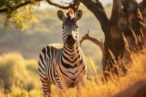 zebra dentro natureza, nacional geografia, Largo vida animais. ai gerado. foto