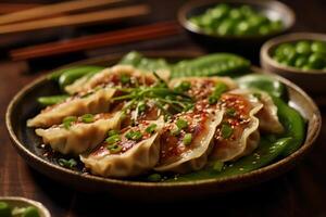 fechar-se topo Visão do ingredientes clássico gyoza carne de porco, japonês Comida. ai gerado. foto