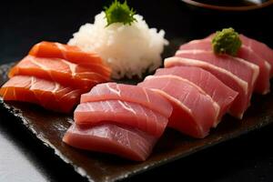 Sushi com atum em a placa, japonês Comida. ai gerado. foto