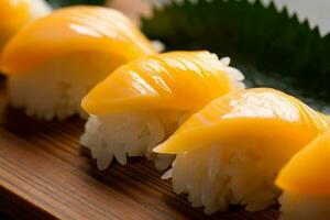 fechar-se topo Visão do ingredientes tamago nigiri, japonês Comida. ai gerado. foto