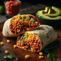 mexicano burrito com carne legumes e salsa em Sombrio fundo foto