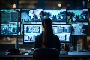 traseiro Visão do mulher cíber segurança especialista sentado às dela local de trabalho dentro frente do monitores dentro vigilância sala. ai generativo foto