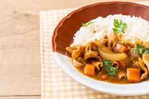 arroz curry japonês com carne de porco fatiada, cenoura e cebola foto