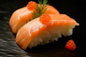 Sushi com salmão em a placa, japonês Comida. ai gerado., japonês Comida. ai gerado. foto