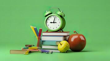 pop arte ilustração do escola acessórios com maçãs, livros, e a alarme relógio em a escola fundo. costas para escola conceito. 3d Renderização, ai generativo foto