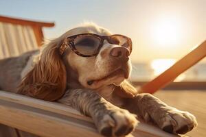 cachorro cachorro vestindo oculos de sol, deitado em uma espreguiçadeira para banho de sol às a de praia mar em verão férias, feriados. engraçado conceito. ai generativo foto