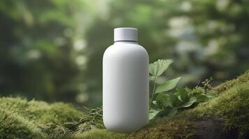 natural Cosmético produtos apresentação nos bastidores. ao ar livre floresta colocação. branco em branco jarra xampu garrafa. 3d. ai generativo foto