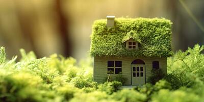 eco casa. verde e ambientalmente amigáveis habitação conceito. miniatura de madeira casa dentro Primavera grama, musgo e samambaias em uma ensolarado dia. ai generativo foto