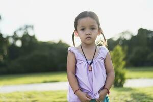 chateado pequeno Garoto em pé ao ar livre dentro a jardim Bravo criança a ingênuo menina estava chateado, fez não quer para comunicar e falar. frente Visão fofa pequeno garoto. foto