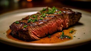 plano ferro bife é delicioso Comida. ai gerado. foto