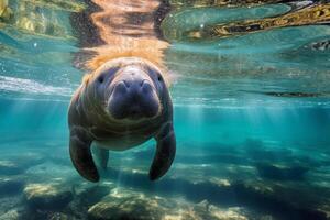 peixe-boi dentro natureza, nacional geografia, Largo vida animais. ai gerado. foto