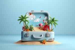 criativo verão de praia composição dentro mala de viagem em azul fundo, uma viagem conceito idéia dentro 3d Renderização. ai generativo foto