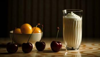 orgânico fruta e iogurte, uma saudável lanche gerado de ai foto