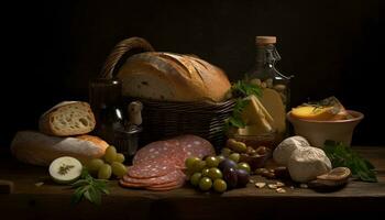 rústico pão, carne, queijo, e fruta cesta gerado de ai foto