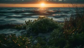 nascer do sol sobre tranquilo águas, natureza beleza revelado gerado de ai foto