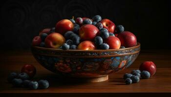 saudável comendo fresco fruta tigela em rústico mesa gerado de ai foto