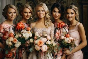 damas de honra dentro a fundo, com Rosa e branco flores foto