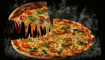 quente saboroso pizza com fogo chamas em Sombrio fundo. imagem para cardápio ou poster. ai generativo foto
