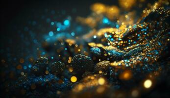 ouro brilhar desfocado abstrato cintilantemente luzes fundo ouro brilhos bokeh nuvem do partículas ai generativo foto