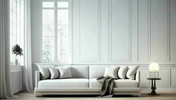 elegante branco vivo quarto branco sofá com amplo espaço, generativo ai foto
