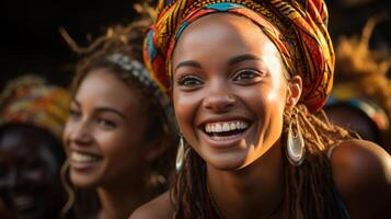 jovem mulheres com amigos tendo uma muito Boa Tempo às ao ar livre show, banhado dentro tarde luz, ai generativo foto