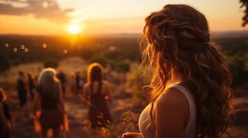 jovem mulheres com amigos tendo uma muito Boa Tempo às ao ar livre show, banhado dentro tarde luz, ai generativo foto