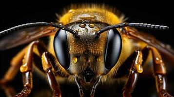 fechar-se do uma abelhas olhos - impressionante Preto olho e vibrante laranja corpo em uma cativante Preto fundo, capturando da natureza beleza foto
