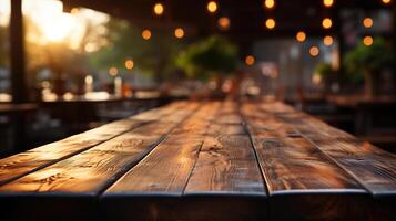 uma frente Visão do uma Sombrio rústico marrom, esvaziar de madeira mesa para produtos posicionamento com embaçado fundo, servindo Como uma em branco madeira mesa brincar, ai generativo foto