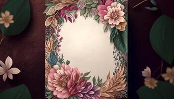 uma floral quadro, Armação com flores em isto, florescendo amor lindo floral Casamento convite bandeira, generativo ai foto