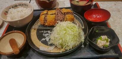 indonésio japonês fusão comida, japonês Comida cozinhar dentro indonésio estilo, gyukatsu, carne karage, salada, e tofu sopa foto