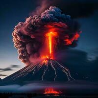 vulcão erupção com maciço Alto rajadas do lava e quente nuvens subindo Alto para dentro a céu, piroclástico fluxo foto