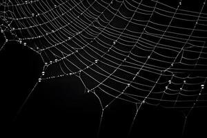 teia de aranha isolado em Preto fundo, macro orvalhado aranha rede, ai gerado foto