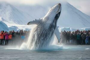 corcunda baleia saltos Fora do a água dentro antártico águas. uma corcunda baleia leva uma mergulho enquanto turistas filme a evento, Antártica, ai gerado foto