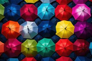 colorida guarda-chuvas fundo. colorida guarda-chuvas fundo. uma colorida arco Iris do guarda-chuvas em uma chuvoso dia, ai gerado foto