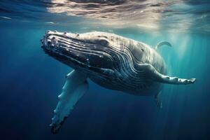 corcunda baleia natação embaixo da agua dentro profundo azul oceano. isto Arquivo é limpo e retocado. uma bebê corcunda baleia tocam perto a superfície dentro azul água, ai gerado foto