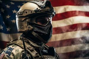 americano soldado dentro capacete e gás mascarar em a fundo do a americano bandeira, uma soldado vestindo uma moderno capacete e equipamento, lado visualizar, americano bandeira em fundo, ai gerado foto