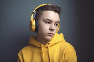 solitário jovem Garoto ouço música com fones de ouvido , generativo ai foto