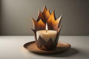 criativo queimando vela em uma de madeira fundo. ai generativo foto