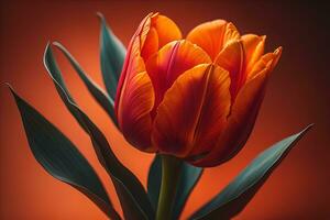 vermelho tulipa em laranja fundo. fechar acima. tonificado. generativo ai foto
