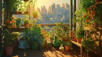 terraço com em vaso plantas e flores foto