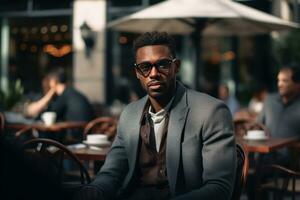 Afro-Americano homem de negocios com óculos dentro uma rua fundo foto