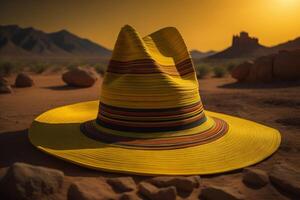 chapéu dentro a wadi rum deserto às pôr do sol. generativo ai foto