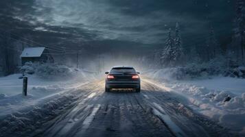 a carro é dirigindo floresta durante uma Forte tempestade de neve. criada com generativo al tecnologia foto