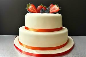 lindo Casamento bolo com morangos e amoras em uma Preto fundo. generativo ai foto