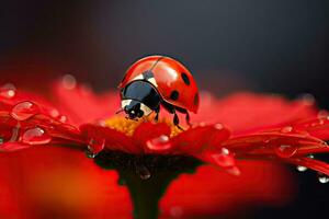 joaninha em vermelho flor pétala com água gotas fechar acima, uma joaninha sentado em uma vermelho flor em borrado fundo, ai gerado foto