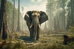 ai gerado uma gigantesco elefante carrinhos entre a degradado floresta chão. foto