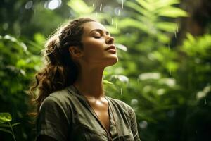 debaixo uma marquise do folhas uma pessoa práticas atento respiração sentindo-me a da terra energia uma conexão para natureza para mundo mental saúde dia foto